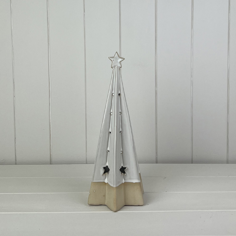Medium Off White Ceramic Tree Ornament with Cut Out Star Detail detail page